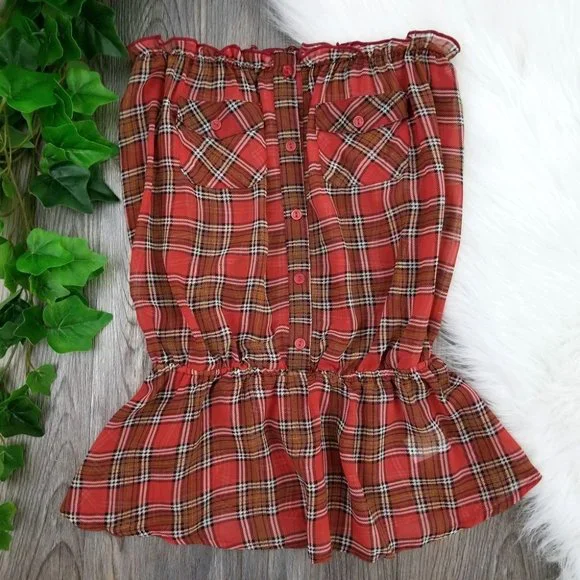 Papaya Plaid Strapless Peplum Top - Picture 4 of 8